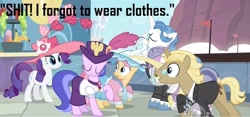 Size: 2048x957 | Tagged: safe, edit, edited screencap, screencap, character:fancypants, character:golden gavel, character:rarity, character:sea swirl, character:silver frames, character:swan song, species:pony, species:unicorn, episode:sweet and elite, g4, my little pony: friendship is magic, caption, female, hub logo, image macro, male, mare, nudity, stallion, swan dive, vulgar