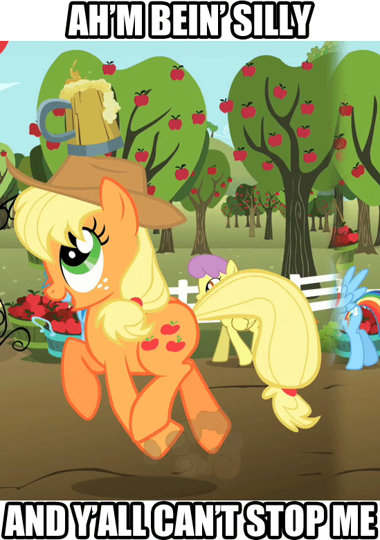 Size: 549x779 | Tagged: safe, edit, edited screencap, screencap, character:applejack, character:gala appleby, character:granny smith, character:parasol, character:pink lady, species:earth pony, species:pegasus, species:pony, episode:the super speedy cider squeezy 6000, g4, my little pony: friendship is magic, accent, and nopony can stop me, animated, apple family member, caption, cider, cute, female, gif with captions, jackabetes, mare, prancing, silly, silly pony, who's a silly pony, y'all