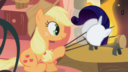 Size: 640x360 | Tagged: safe, edit, edited screencap, screencap, character:applejack, character:rarity, episode:look before you sleep, g4, my little pony: friendship is magic, applejack's special marshmallows, buttface, disembodied head, disembodied plot, exploitable meme, fireplace, marshmallow, meme, plot, rarity is a marshmallow, wat