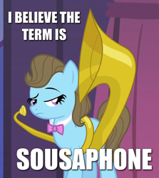 Size: 668x749 | Tagged: safe, edit, edited screencap, screencap, character:beauty brass, episode:the best night ever, g4, my little pony: friendship is magic, caption, correction, cropped, image macro, musical instrument, solo, sousaphone