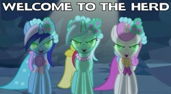 Size: 848x467 | Tagged: safe, edit, edited screencap, screencap, character:lyra heartstrings, character:minuette, character:twinkleshine, species:pony, species:unicorn, episode:a canterlot wedding, g4, my little pony: friendship is magic, all caps, background pony, bridesmaid dress, caption, clothing, crystal caverns, dress, female, image macro, looking at you, mare, scary eyes, text, welcome to the herd