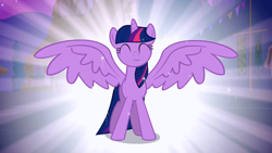 Size: 1280x720 | Tagged: safe, edit, edited screencap, screencap, character:twilight sparkle, character:twilight sparkle (alicorn), species:alicorn, species:pony, episode:magical mystery cure, g4, my little pony: friendship is magic, alicorn flash, cute, excited, female, happiness, happy, inverted eyes, inverted mouth, mare, smiling, solo, spread wings, twiabetes, wings