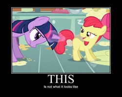 Size: 750x600 | Tagged: safe, edit, edited screencap, screencap, character:apple bloom, character:twilight sparkle, episode:call of the cutie, g4, my little pony: friendship is magic, caption, demotivational poster, implied, magic, meme, out of context