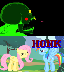 Size: 640x720 | Tagged: safe, edit, edited screencap, screencap, character:fluttershy, character:rainbow dash, species:pegasus, species:pony, episode:sonic rainboom, g4, my little pony: friendship is magic, duo, eyes closed, female, flutteryay, homestuck, honk, lord english, mare, the vast honk, the vast yay, yay