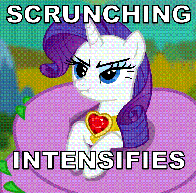 Size: 646x637 | Tagged: safe, edit, edited screencap, screencap, character:rarity, character:spike, episode:secret of my excess, g4, my little pony: friendship is magic, :t, adult spike, animated, descriptive noise, fire ruby, frown, greed spike, image macro, meme, nose wrinkle, scrunchy face, spikezilla, twitch, x intensifies