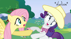 Size: 796x441 | Tagged: safe, edit, edited screencap, screencap, character:fluttershy, character:rarity, episode:a canterlot wedding, g4, my little pony: friendship is magic, clothing, derp, duo, googly eyes, hat, image macro, soon, swoon