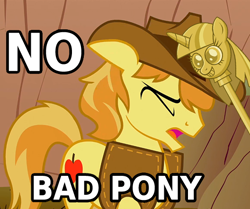 Size: 528x441 | Tagged: safe, edit, edited screencap, screencap, character:braeburn, episode:over a barrel, episode:princess twilight sparkle, g4, my little pony: friendship is magic, abuse, bad pony, braebuse, cropped, image macro, male, ouch, reaction image, solo, swatting, twilight scepter