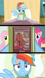 Size: 581x1000 | Tagged: safe, edit, edited screencap, screencap, character:rainbow dash, species:earth pony, species:pegasus, species:pony, episode:read it and weep, g4, my little pony: friendship is magic, 1000 years in photoshop, book, book cover, comic, cracked, crocodile, meme, reading rainbow, screencap comic, wat