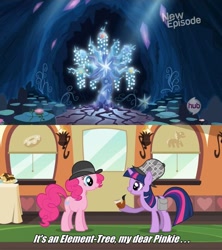 Size: 1089x1224 | Tagged: safe, edit, edited screencap, screencap, character:pinkie pie, character:tree of harmony, character:twilight sparkle, character:twilight sparkle (unicorn), species:earth pony, species:pony, species:unicorn, episode:mmmystery on the friendship express, episode:princess twilight sparkle, g4, my little pony: friendship is magic, bubble pipe, clothing, deerstalker, duo, female, hat, hub logo, mare, pun, sherlock holmes, tree of harmony