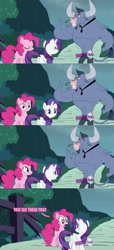 Size: 839x1848 | Tagged: safe, edit, edited screencap, screencap, character:iron will, character:pinkie pie, character:rarity, species:earth pony, species:minotaur, species:pony, species:unicorn, episode:putting your hoof down, g4, my little pony: friendship is magic, comic, dialogue, female, fourth wall, hub logo, hubble, looking at you, male, mare, microphone, necktie, nose piercing, nose ring, piercing, screencap comic, smiling, thumbs up, trio
