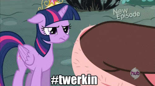 Size: 500x277 | Tagged: safe, edit, edited screencap, screencap, character:discord, character:twilight sparkle, character:twilight sparkle (alicorn), species:alicorn, species:pony, episode:princess twilight sparkle, g4, my little pony: friendship is magic, animated, asscord, butt shake, butt touch, caption, eyes on the prize, female, floppy ears, frown, hashtag, hoof on butt, mare, meme, open mouth, out of context, plot, pushing, raised hoof, rump push, unamused, vulgar, wide eyes