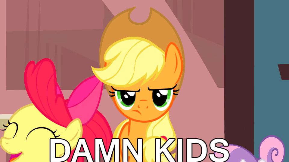 Size: 960x540 | Tagged: safe, edit, edited screencap, screencap, character:apple bloom, character:applejack, character:scootaloo, character:sweetie belle, species:pegasus, species:pony, episode:one bad apple, g4, my little pony: friendship is magic, animated, annoyed, caption, cutie mark crusaders, derp, excited, frown, gif, happy, hopping, image macro, irrational exuberance, jumping, pronking, smiling, unamused, vulgar
