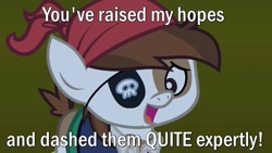 Size: 1280x720 | Tagged: safe, edit, edited screencap, screencap, character:pipsqueak, species:earth pony, species:pony, episode:luna eclipsed, g4, my little pony: friendship is magic, caption, clothing, colt, costume, eyepatch, futurama, image macro, male, nightmare night costume, pirate costume, quote, reaction image, reference, solo, text, tinny tim
