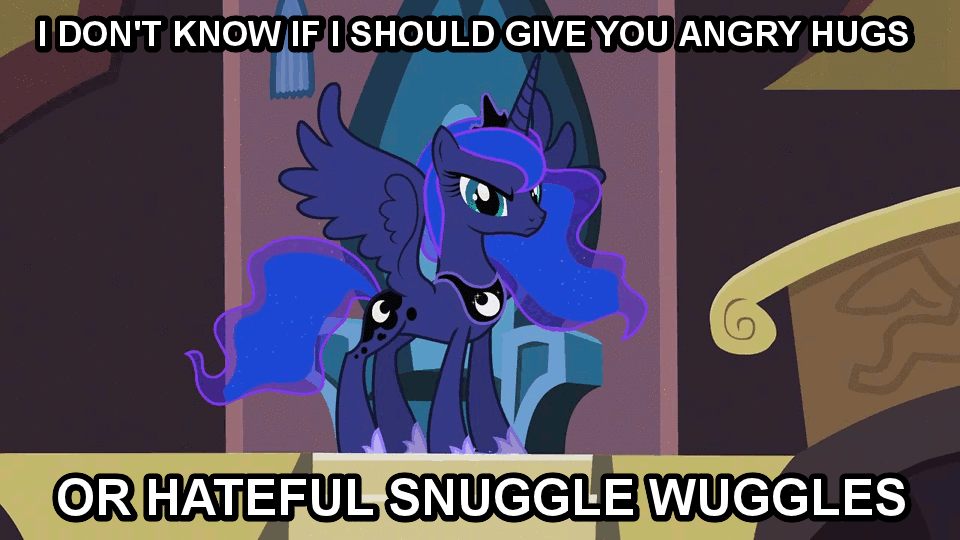 Size: 960x540 | Tagged: safe, edit, edited screencap, screencap, character:princess luna, episode:princess twilight sparkle, g4, my little pony: friendship is magic, season 4, animated, bronybait, caption, castle, castle of the royal pony sisters, female, flashback, frown, glare, hug, image macro, imma snuggle you, looking at you, solo, spread wings, text, throne, wings