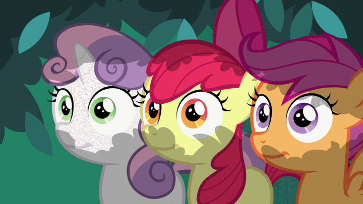 Size: 720x405 | Tagged: safe, edit, edited screencap, screencap, character:apple bloom, character:scootaloo, character:sweetie belle, species:pegasus, species:pony, episode:hearts and hooves day, g4, my little pony: friendship is magic, adorabloom, animated, cute, cutealoo, cutie mark crusaders, diasweetes, dilated pupils, eye shimmer, reaction image, smiling, stare, wide eyes