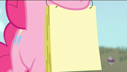 Size: 1920x1080 | Tagged: safe, edit, edited screencap, screencap, character:pinkie pie, episode:castle mane-ia, g4, my little pony: friendship is magic, exploitable, hub logo, hubble, mouth hold, notebook, notepad, paper, the hub