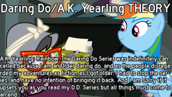 Size: 1280x720 | Tagged: safe, edit, edited screencap, screencap, character:a.k. yearling, character:rainbow dash, species:pegasus, species:pony, duo, female, glasses, implied daring do, mare, text, theory