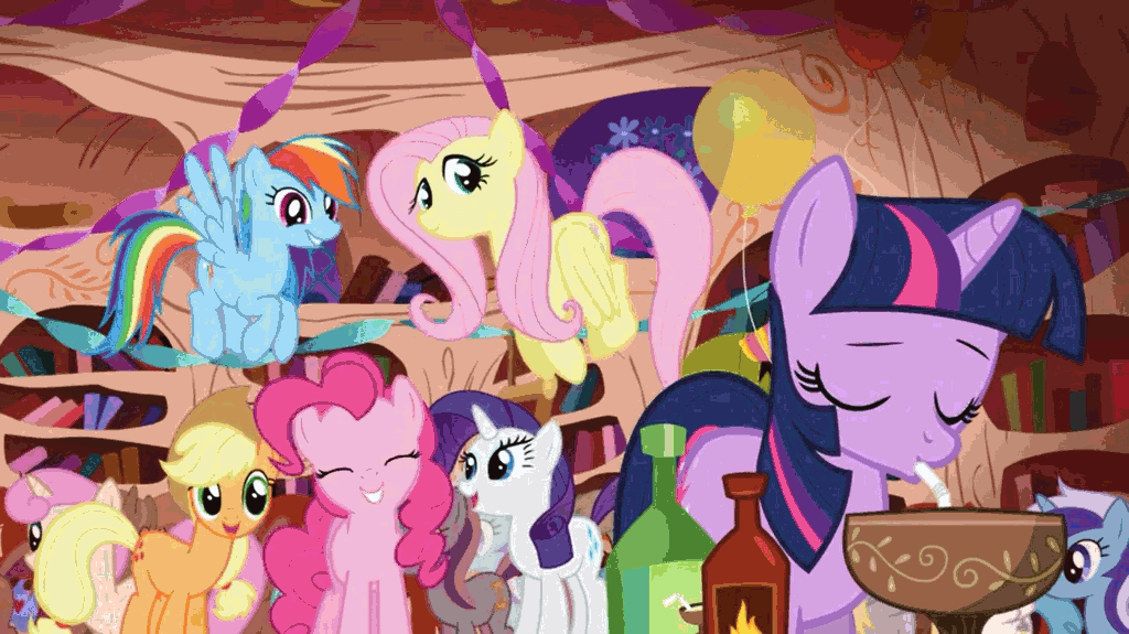 Size: 1024x575 | Tagged: safe, edit, edited screencap, screencap, character:amethyst star, character:applejack, character:daisy, character:fluttershy, character:minuette, character:pinkie pie, character:rainbow dash, character:rarity, character:sparkler, character:spike, character:twilight sparkle, character:white lightning, species:pegasus, species:pony, episode:friendship is magic, episode:lesson zero, g4, my little pony: friendship is magic, animated, atomic rainboom, book, bottle, crying, cup, explosion, eyes closed, female, floppy ears, golden oaks library, grin, hoofy-kicks, library, looking back, mane of fire, mane six, mare, party, plot, rainbow nuke, raised eyebrow, smiling, spicy, straw, sweat, table