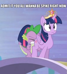 Size: 736x806 | Tagged: safe, edit, edited screencap, screencap, character:spike, character:twilight sparkle, character:twilight sparkle (alicorn), species:alicorn, species:pony, ship:twispike, episode:princess twilight sparkle, g4, my little pony: friendship is magic, bronybait, caption, faceful of ass, female, male, mare, meme, out of context, plot, roflbot, shipping, spike running into twilight's rear, straight