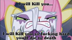 Size: 1000x557 | Tagged: safe, edit, edited screencap, screencap, character:fluttershy, character:opalescence, episode:sweet and elite, g4, my little pony: friendship is magic, angry, caption, death threat, eyeshadow, frown, gritted teeth, opalabuse, rage, redundant, threat, vulgar, wet