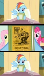 Size: 581x1000 | Tagged: safe, edit, edited screencap, screencap, character:rainbow dash, species:earth pony, species:pegasus, species:pony, episode:read it and weep, g4, my little pony: friendship is magic, bed, book, book cover, comic, hospital bed, meme, reading rainbow, richard nixon, screencap comic, train, vulgar