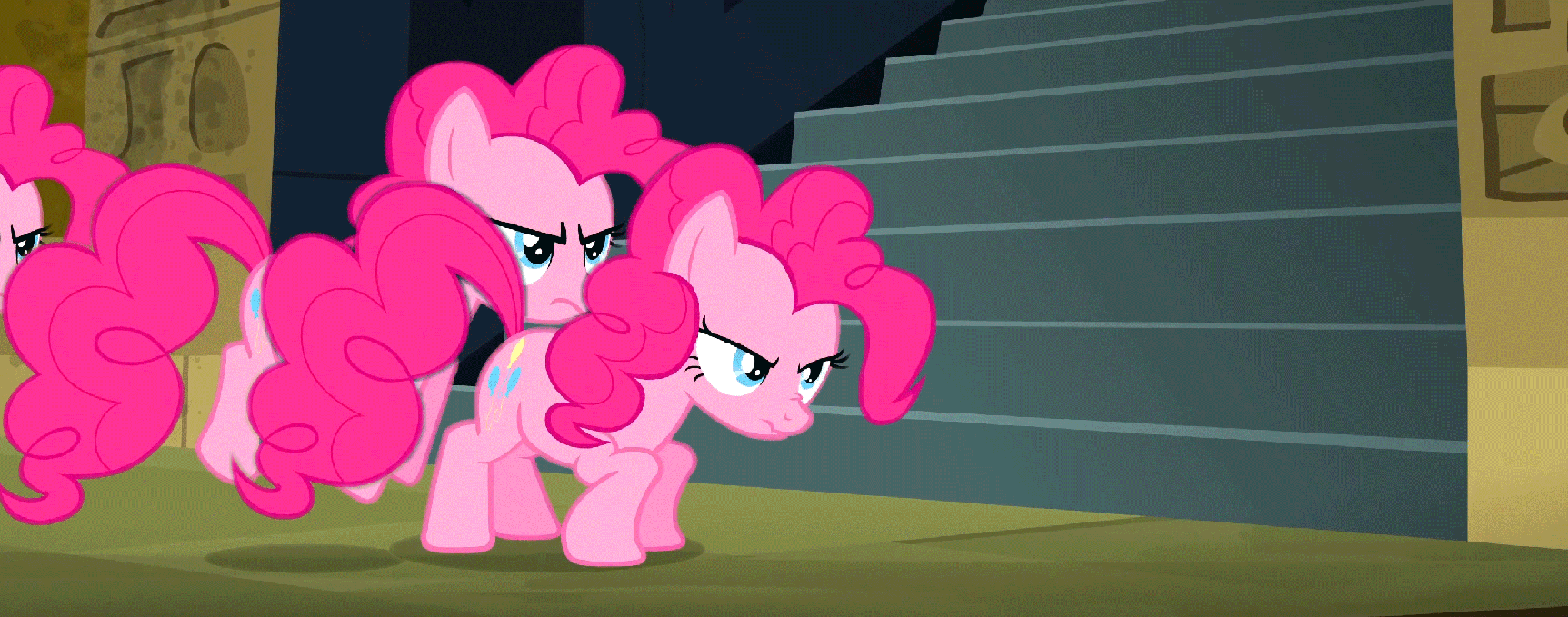 Size: 1725x679 | Tagged: safe, edit, edited screencap, screencap, character:pinkie pie, episode:daring don't, g4, my little pony: friendship is magic, animated, battle pronking, clone, fortress of talacon, loop, pinkie clone, scrunchy face