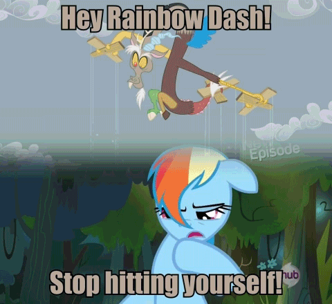 Size: 480x440 | Tagged: safe, edit, edited screencap, screencap, character:discord, character:rainbow dash, episode:daring don't, episode:the return of harmony, g4, my little pony: friendship is magic, animated, dashabuse, image macro, marionette, puppet strings