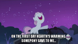 Size: 854x480 | Tagged: safe, edit, edited screencap, screencap, character:sweetie belle, episode:sleepless in ponyville, g4, my little pony: friendship is magic, 12 days of christmas, caption, female, hearth's warming, hub logo, image macro, solo, twelve days of christmas