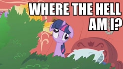 Size: 640x360 | Tagged: safe, edit, edited screencap, screencap, character:twilight sparkle, character:twilight sparkle (unicorn), species:pony, species:unicorn, episode:look before you sleep, g4, my little pony: friendship is magic, bed, caption, derp, female, golden oaks library, horseshoes, image macro, jak 2, mare, meme, solo, text, tree, vulgar
