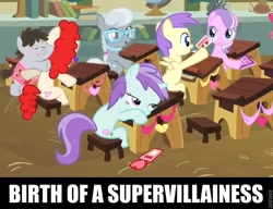 Size: 722x554 | Tagged: safe, edit, edited screencap, screencap, character:alula, character:diamond tiara, character:liza doolots, character:petunia, character:pluto, character:silver spoon, character:tootsie flute, character:truffle shuffle, character:twist, species:earth pony, species:pony, episode:hearts and hooves day, g4, my little pony: friendship is magic, background pony, classroom, colt, cropped, depressed, female, filly, glasses, lesbian, male, pluto, shipping