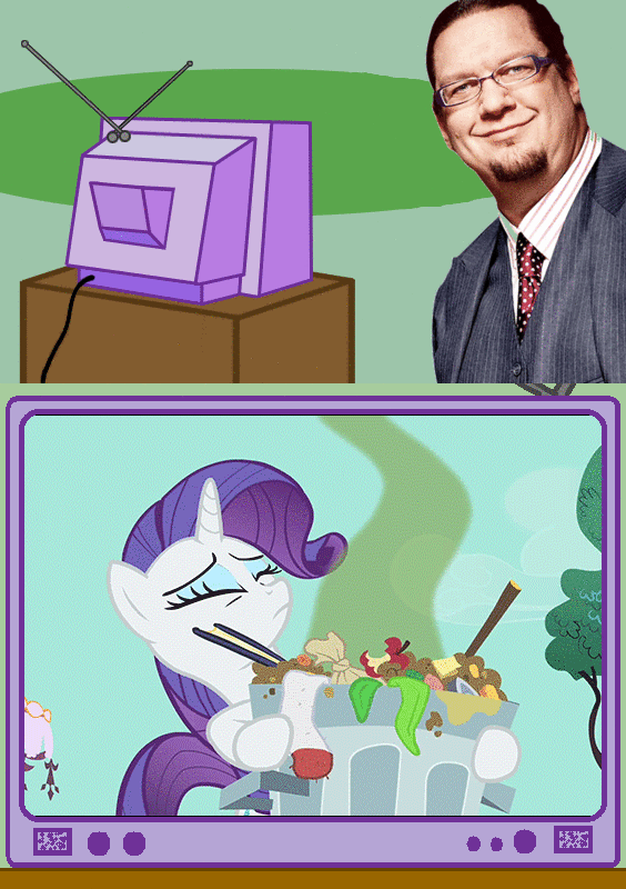 Size: 564x800 | Tagged: safe, edit, edited screencap, screencap, character:penn jillette, character:rarity, episode:party of one, g4, my little pony: friendship is magic, animated, exploitable meme, into the trash it goes, meme, smelly, trash, tv meme, visible stench