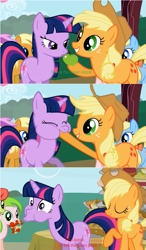 Size: 597x1021 | Tagged: safe, edit, edited screencap, screencap, character:applejack, character:twilight sparkle, episode:friendship is magic, g4, my little pony: friendship is magic, animation error, apple, not sure if blood