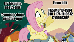 Size: 600x338 | Tagged: safe, edit, edited screencap, screencap, character:dust devil, character:fluttershy, character:spring skies, species:pegasus, species:pony, episode:hurricane fluttershy, g4, my little pony: friendship is magic, biscuits, failcode, female, gibberish, goggles, grin, image macro, linguini-ist required, mare, meme, numbers, smiling, solo focus, text, warm front, waving