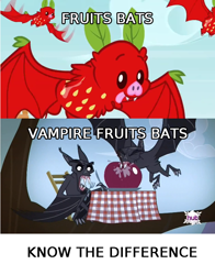 Size: 634x808 | Tagged: safe, edit, edited screencap, screencap, species:bat, episode:bats!, g4, my little pony: friendship is magic, apple, comparison, eating, fangs, fork, fruit bat, hub logo, hubble, knife, know the difference, plate, strawberry, table, tablecloth, the hub, tree branch, vampire, vampire fruit bat