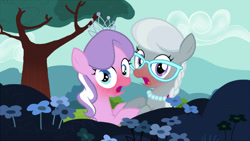Size: 896x504 | Tagged: safe, edit, edited screencap, screencap, character:diamond tiara, character:silver spoon, ship:silvertiara, episode:flight to the finish, g4, my little pony: friendship is magic, blushing, caught, glasses, shipping
