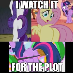 Size: 548x548 | Tagged: safe, edit, edited screencap, screencap, character:fluttershy, character:rarity, character:twilight sparkle, species:pegasus, species:pony, species:unicorn, episode:a dog and pony show, episode:bridle gossip, episode:winter wrap up, g4, my little pony: friendship is magic, artifact, brony history, butt, caption, female, flutterbutt, i watch it for the plot, image macro, impact font, magic, mare, meme, meme origin, out of context, plot, rearity, twibutt