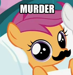 Size: 254x261 | Tagged: safe, edit, edited screencap, screencap, character:scootaloo, species:pegasus, species:pony, female, filly, image macro, meme, moustache, moustache edit, murder, one word, solo, text
