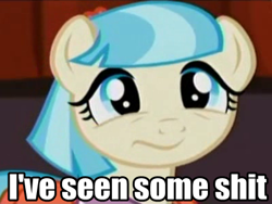 Size: 398x300 | Tagged: safe, edit, edited screencap, screencap, character:coco pommel, episode:rarity takes manehattan, g4, my little pony: friendship is magic, :s, cute, female, i've seen some shit, meme, reaction image, solo, vulgar, wavy mouth, wrong aspect ratio