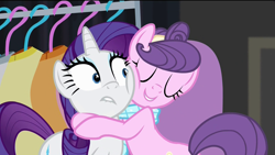 Size: 1920x1080 | Tagged: safe, edit, screencap, character:rarity, character:suri polomare, episode:rarity takes manehattan, g4, my little pony: friendship is magic, awkward, cheeks, clothing, hug, scarf, smiling