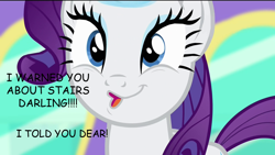 Size: 1280x720 | Tagged: safe, edit, edited screencap, screencap, character:rarity, episode:rarity takes manehattan, g4, my little pony: friendship is magic, 8^y, comic sans, darling, faec, female, it keeps happening, meme, solo, stairs, sweet bro and hella jeff, text