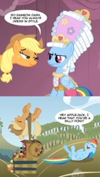 Size: 500x888 | Tagged: safe, edit, edited screencap, screencap, character:applejack, character:rainbow dash, species:pony, g1, g3, comic, rainbow dash always dresses in style, screencap comic, seven songs and a story, silly, silly pony, take that, unamused, who's a silly pony, wig