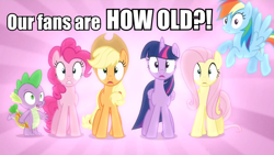Size: 960x540 | Tagged: safe, edit, edited screencap, screencap, character:applejack, character:fluttershy, character:pinkie pie, character:rainbow dash, character:spike, character:twilight sparkle, character:twilight sparkle (alicorn), species:alicorn, species:pony, episode:rarity takes manehattan, g4, my little pony: friendship is magic, anti-bronybait, dialogue, female, image macro, mare, shocked, surprised
