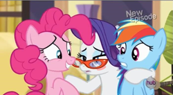 Size: 699x383 | Tagged: safe, edit, screencap, character:pinkie pie, character:rainbow dash, character:rarity, episode:rarity takes manehattan, g4, my little pony: friendship is magic, drunk, drunk rarity, glasses