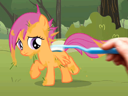 Size: 424x318 | Tagged: safe, edit, edited screencap, screencap, character:scootaloo, species:human, species:pegasus, species:pony, episode:the cutie mark chronicles, g4, my little pony: friendship is magic, animated, brushie, hand, kicking, messy mane, toothbrush, tree sap