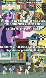 Size: 757x1262 | Tagged: safe, edit, edited screencap, screencap, character:joan pommelway, character:luckette, character:roger silvermane, character:strawberry ice, character:twilight sparkle, character:twilight sparkle (alicorn), species:alicorn, species:earth pony, species:pony, episode:rarity takes manehattan, g4, my little pony: friendship is magic, background pony, blueberry curls, bubblegum blossom, business savvy, comic, fedora shaming, female, hub logo, image macro, lucky breaks, male, mare, scene parody, stallion, taxi