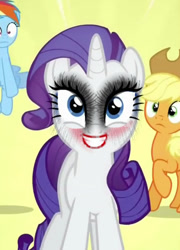 Size: 437x607 | Tagged: safe, edit, edited screencap, screencap, character:applejack, character:rainbow dash, character:rarity, episode:rarity takes manehattan, g4, my little pony: friendship is magic, blushing, eyeshadow, frown, garish makeup, grin, lipstick, makeover, makeup, nightmare fuel, now you fucked up, raised hoof, rerity, smiling, the joker, uncanny valley, uncanny valley makeup, wat, what has science done, wide eyes, wrong