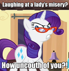 Size: 698x720 | Tagged: safe, edit, edited screencap, screencap, character:rarity, episode:rarity takes manehattan, g4, my little pony: friendship is magic, caption, female, glare, glasses, image macro, looking at you, solo
