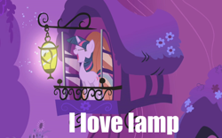 Size: 1280x800 | Tagged: safe, edit, edited screencap, screencap, character:twilight sparkle, character:twilight sparkle (unicorn), species:pony, species:unicorn, episode:the ticket master, g4, my little pony: friendship is magic, anchorman, eyes closed, female, happy, i love lamp, image macro, lamp, lantern, long neck, mare, meme, open mouth, smiling, solo, twilamp