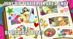 Size: 1498x788 | Tagged: safe, edit, edited screencap, screencap, character:apple bloom, character:applejack, character:big mcintosh, character:granny smith, character:pinkie pie, species:earth pony, species:pony, episode:pinkie apple pie, g4, my little pony: friendship is magic, butt, caption, female, filly, male, mare, plot, scrapbook, stallion