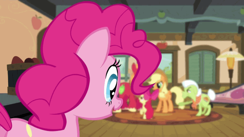 Size: 800x450 | Tagged: safe, edit, edited screencap, screencap, character:apple bloom, character:applejack, character:big mcintosh, character:granny smith, character:pinkie pie, species:earth pony, species:pony, episode:pinkie apple pie, g4, my little pony: friendship is magic, animated, caption, female, filly, fourth wall, fourth wall destruction, male, mare, stallion